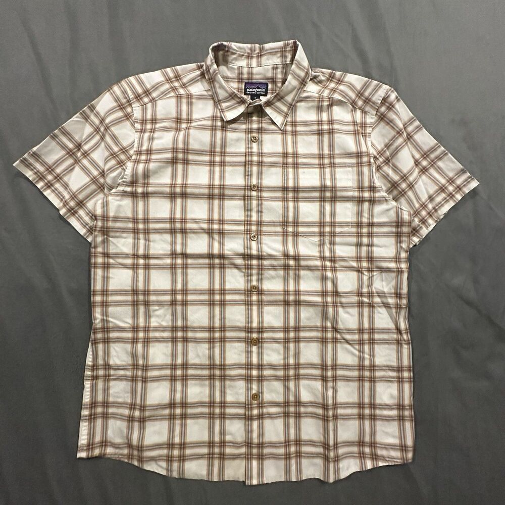 Patagonia Plaid Shirt Mens M Organic Cotton Button Up Short Sleeve Beige Brown